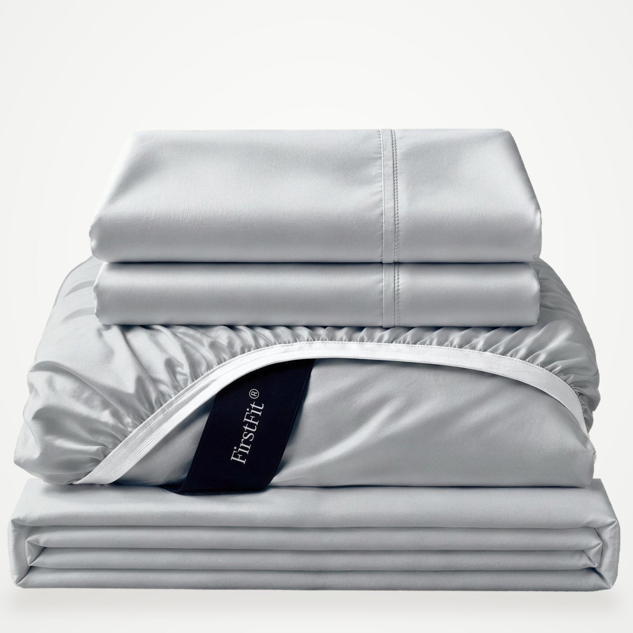 Luxe Bamboo sheet set in Feather Gray, folded stack with fitted sheet