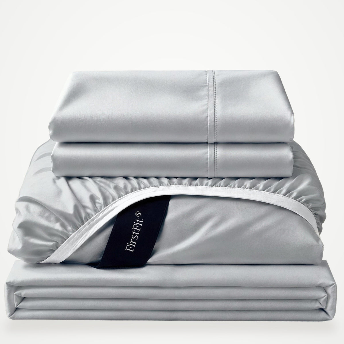 Luxe Bamboo sheet set in Feather Gray, folded stack with fitted sheet