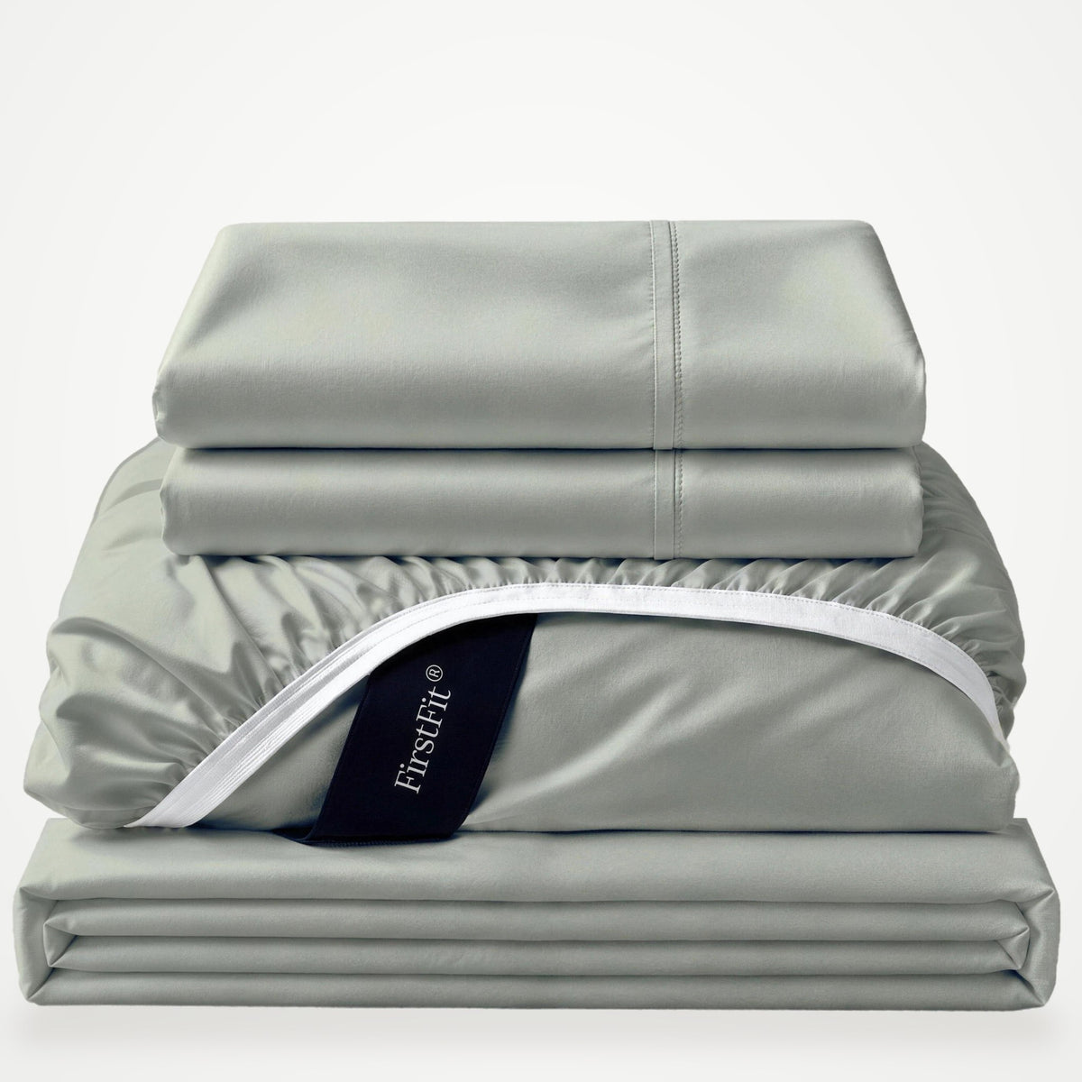 Luxe Bamboo sheet set in Sage, folded stack with fitted sheet