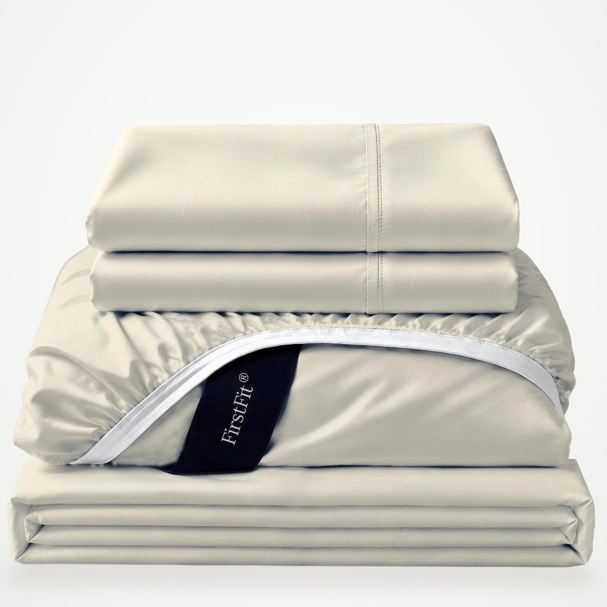 Luxe Bamboo sheet set in Warm Ivory, folded stack with fitted sheet