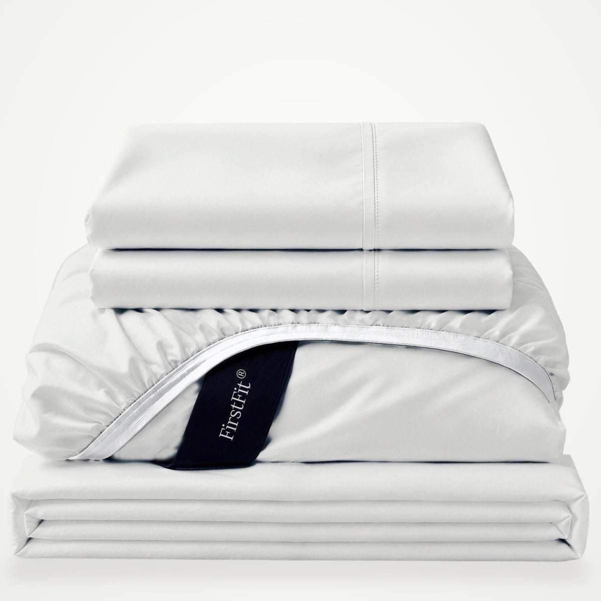 Luxe Bamboo sheet set in White, folded stack with fitted sheet
