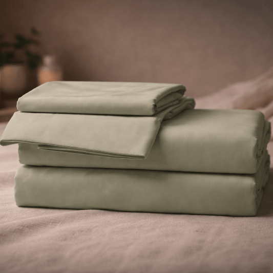 Folded light green bed sheets on a bed with a soft focus background